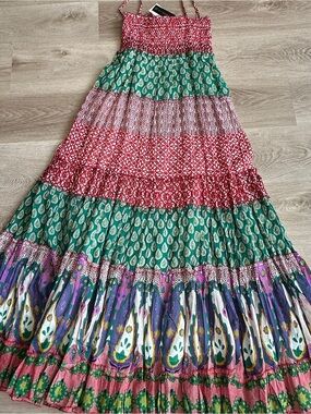 NWT Chaudry Silk Mixed Print Smocked Tiered Maxi Skirt / Strapless Dress M